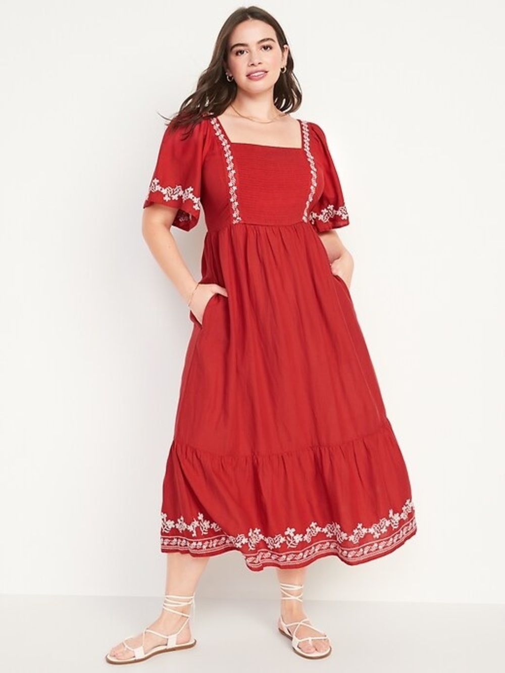 Old Navy‎ 3x Dress Smocked Cotton Embroidered Red Floral Peasant Boho Fit Flare